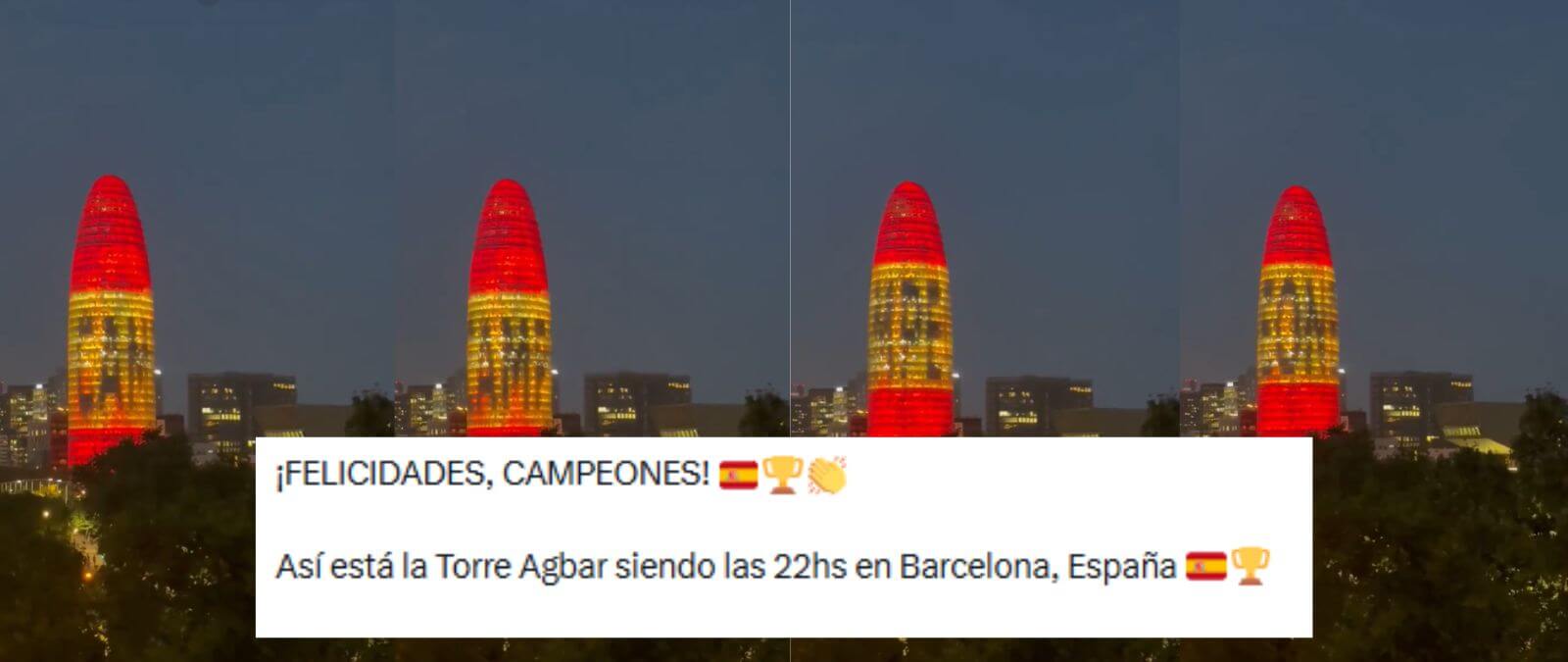 La Torre Agbar de Barcelona iluminada con la bandera de España el 16 de julio de 2026: es real y su equipo de prensa afirma que fueron "pruebas técnicas"