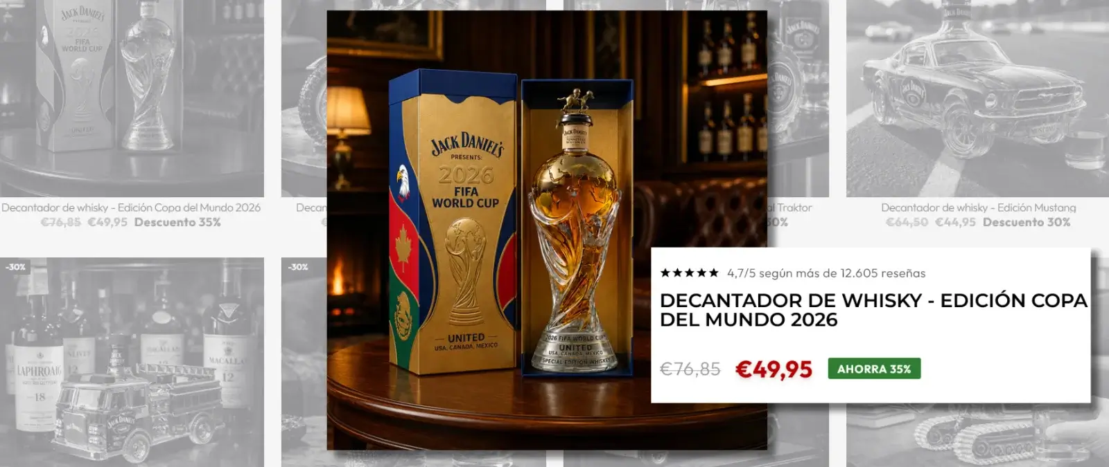 Cuidado con esta web que ofrece un decantador de whisky con la forma de la Copa del Mundial de fútbol