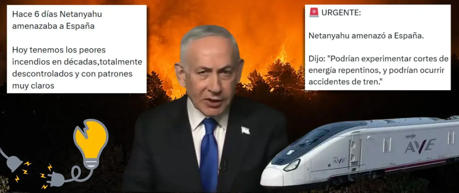 "Netanyahu amenaza a España": cómo un vídeo de Netanyahu con subtítulos falsos se usa para desinformar sobre accidentes de tren, apagones o incendios