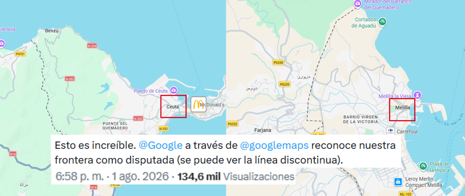 Qué sabemos sobre la línea discontinua que Google Maps usa para delimitar las fronteras de Ceuta y Melilla: se usa para marcar "fronteras discutidas" y aparece desde, al menos, 2020