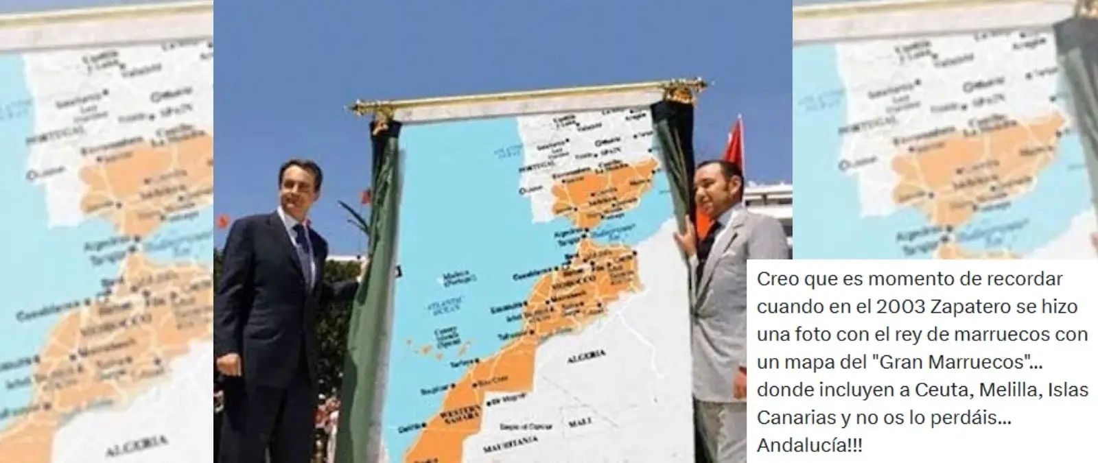 No, esta foto no es de Zapatero "alentando el expansionismo marroquí": es un montaje y en la imagen real destapan una placa en recuerdo de las víctimas de un atentado