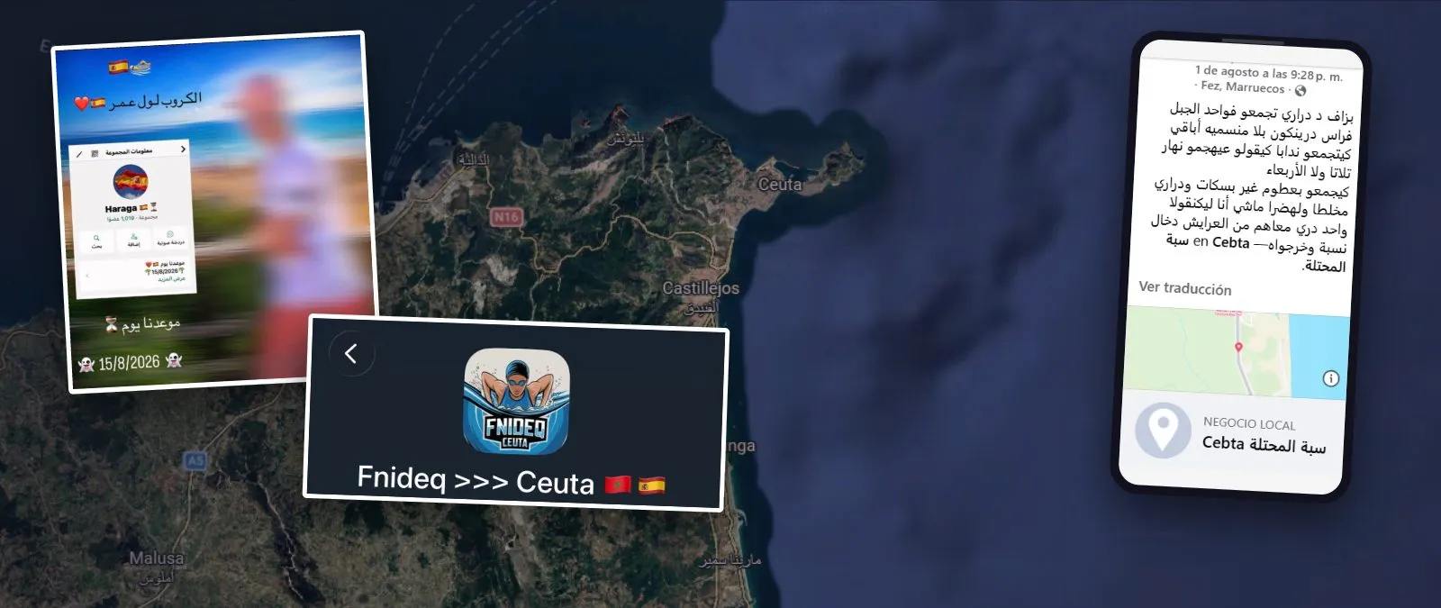 Capturas de los grupos de Facebook y WhatsApp que organizan el cruce a Ceuta, sobre un mapa de la zona de Fnideq