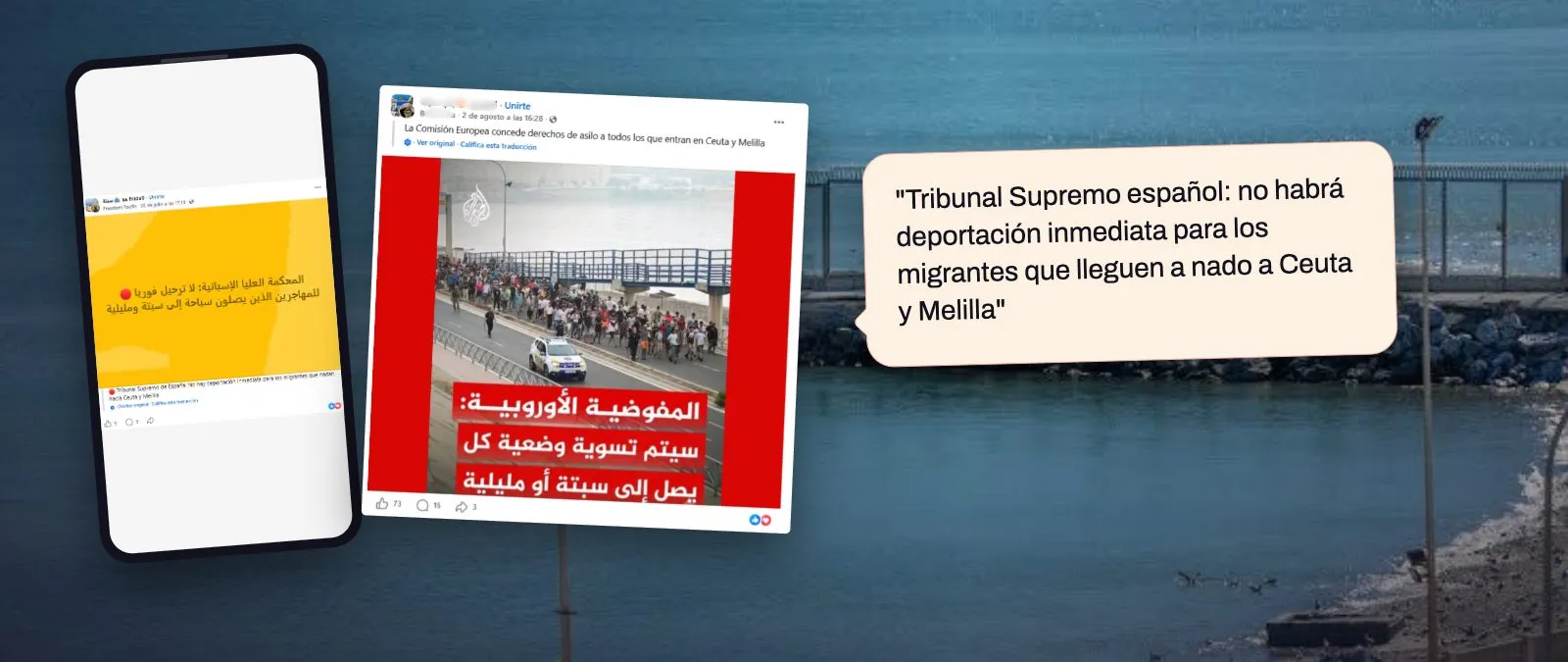 Capturas de publicaciones en Facebook que atribuyen a la Comisión Europea y al Tribunal Supremo decisiones sobre asilo y deportaciones en Ceuta y Melilla