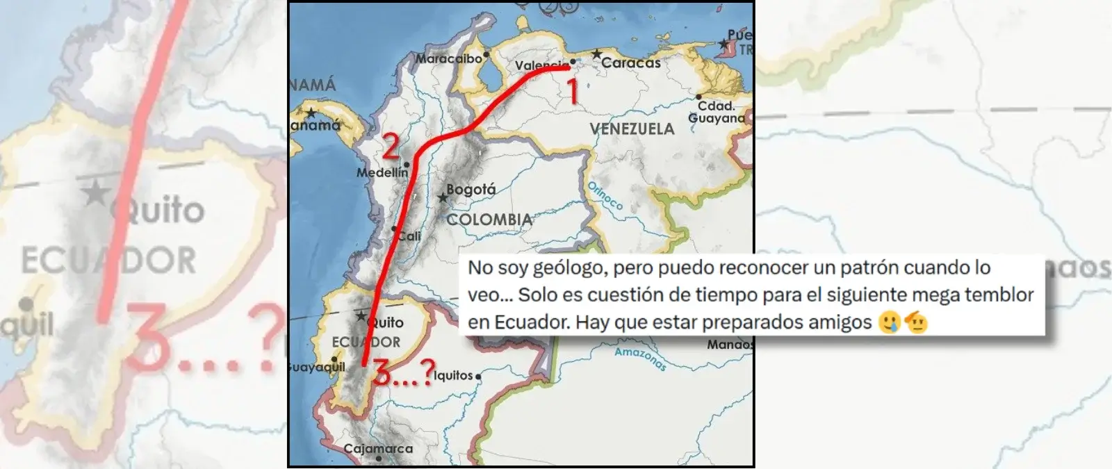 El supuesto "patrón" que indica que habrá un terremoto en Ecuador tras Venezuela y Colombia: predecir sismos no es posible, según distintos servicios geológicos La explicación del SGC para asegurar que no existe relación entre un terremoto y el otro es la siguiente: Mientras el sismo ocurrido en Venezuela fue más superficial y se asocia a la interacción de cizalla de la placa Caribe con la Sudamericana, que implica un movimiento lateral (transcurrente) de una con respecto a la otra; el sismo de hoy en Colombia es producto de la subducción (o hundimiento) de la placa de Nazca bajo la Sudamericana, con una profundidad de 103 km. Esto evidencia que los sismos son independientes.