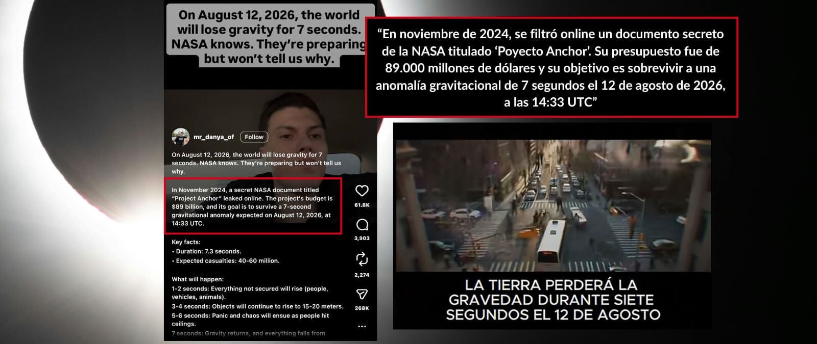 No hay evidencias de que el eclipse del 12 de agosto de 2026 se relacione con una pérdida de gravedad de siete segundos en la Tierra: no hay rastro del supuesto proyecto de la NASA al que se atribuye esta afirmación