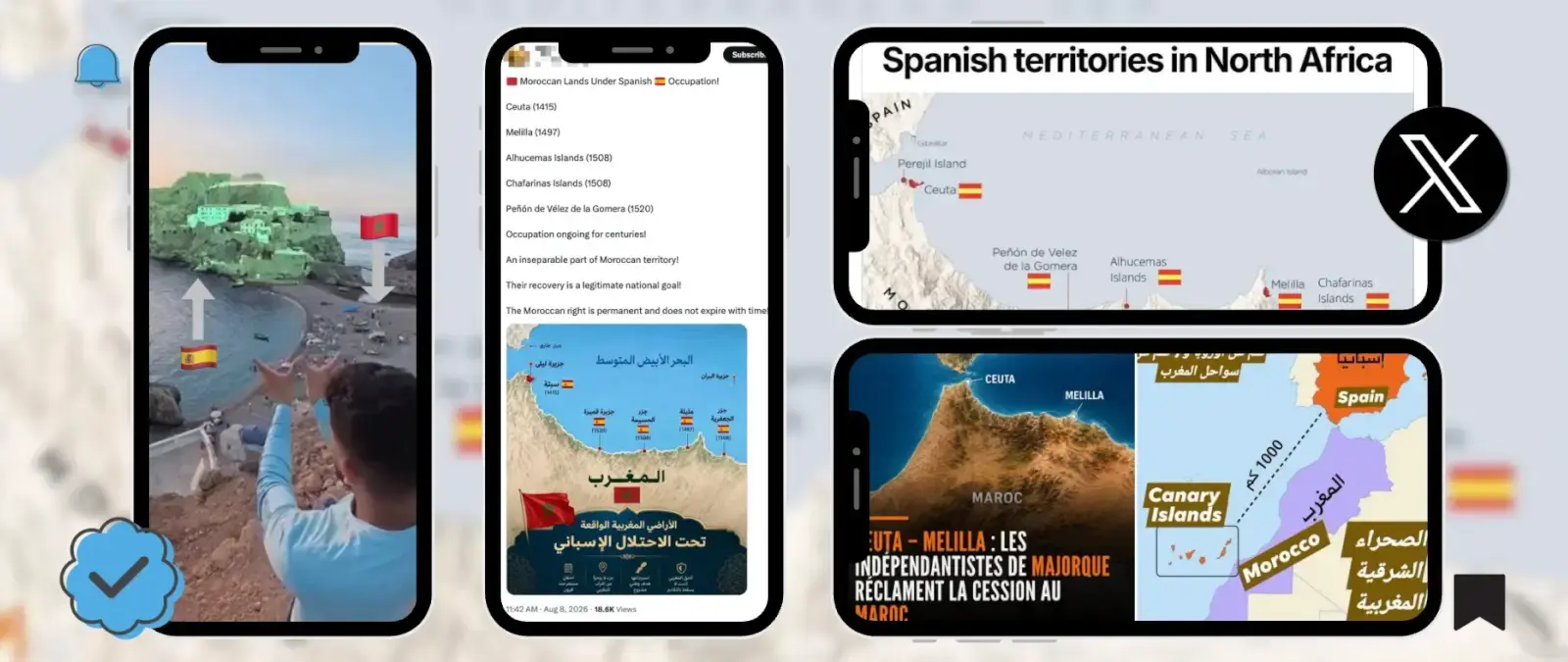 Capturas de publicaciones en X sobre territorios españoles en el norte de África