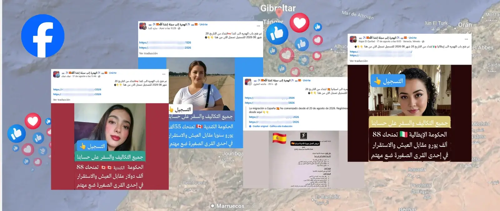 "Trabaja en España, Francia, Italia o Canadá": las promesas de "oportunidades laborales" en grupos de Facebook que organizan cruces a Ceuta y que terminan en el mismo grupo de WhatsApp 88.000 euros por vivir en un pueblo pequeño: los mismos mensajes circulan en grupos de Facebook sobre cómo ir a Ceuta Se ha abierto el plazo de solicitud para emigrar a Francia a partir del 20 de agosto de 2026. Mensajes como este circulan en al menos tres grupos de Facebook que hablan sobre cómo organizarse para ir a Ceuta desde Marruecos. Las publicaciones presentan supuestas oportunidades para trabajar o emigrar a España, Francia, Italia y Canadá y dirigen a los usuarios hacia un enlace para registrarse. Hemos localizado 15 publicaciones con este contenido y todas presentan prácticamente la misma estructura. Los textos, escritos originalmente en árabe, son idénticos y únicamente cambian el país al que hacen referencia y algunos detalles de la supuesta oferta. En el caso de Francia, por ejemplo, aseguran que el Gobierno ofrece 88.000 euros a cambio de vivir y establecerse en uno de sus pueblos pequeños. Otro mensaje atribuye esa misma cantidad al Gobierno de Canadá, mientras que otras publicaciones presentan como una contratación real supuestas ofertas de trabajo en España.Publicaciones con supuestas ofertas en distintos países dentro de los grupos de Facebook analizados. Fuente: Facebook. En todos los casos, se utiliza el mismo reclamo para animar a los usuarios a continuar con el proceso. Todos los gastos y el viaje corren por nuestra cuenta, aseguran las publicaciones, que piden comentar o acceder al enlace que acompaña al mensaje. Así, estas supuestas ofertas aparecen en grupos de Facebook en los que los usuarios hablan sobre cómo realizar el cruce a Ceuta y buscan formas de organizarse para llegar hasta la ciudad autónoma.De las supuestas ofertas a las posibles rutas para emigrar: así son las webs casi idénticas a las que redirigen los enlacesLos enlaces que acompañan a estas publicaciones llevan a distintas páginas web que presentan información sobre cómo trabajar y emigrar a España, Italia, Francia o Canadá. En Maldita.es hemos identificado tres dominios distintos utilizados para ello (sh.alwadifapro[.]com, chadinews[.]com y el.wadiifa[.]com), aunque las páginas tienen una estructura muy similar y funcionan como plantillas. Al acceder a ellas, aparece un menú con cuatro opciones que permiten consultar información sobre cada uno de estos países.Webs traducidas del árabe al español.En estas webs se combina información sobre los procesos para emigrar con supuestas oportunidades laborales y explican, por ejemplo, cuáles son las rutas para llegar a cada país, qué trabajos tienen mayor demanda y cómo acceder a ellos. En el apartado dedicado a Italia se menciona el Decreto Flussi, quién puede acogerse a este procedimiento y cuáles serían los pasos para solicitarlo. También aparecen referencias a trabajos de recogida de fresa en España y Canadá, junto con anuncios de supuestas ofertas de empleo que se muestran de forma recurrente en las webs. En ninguna de estas webs hemos encontrado formularios que soliciten datos personales o bancarios. 

¡Síguenos en el canal de WhatsApp ALERTA TIMO🚨🚨🚨 y recibe nuestros avisos! 

Un grupo de WhatsApp reúne a cientos de personas y difunde supuestos sorteos de visados Aunque los contenidos cambian según el país seleccionado, las webs comparten un elemento que las conecta. Todas invitan a los usuarios a unirse al mismo grupo de WhatsApp para continuar recibiendo información sobre estas supuestas oportunidades. Este espacio en WhatsApp, creado el 23 de enero de 2026, tiene, a 19 de agosto de 2026, 700 miembros, aunque el número continúa aumentando. La imagen de perfil del grupo, que muestra a un hombre junto a la bandera de Canadá y el texto Advance Immigration Service, ha sido creada con inteligencia artificial. Así lo concluyó la herramienta de OpenAI que identificó que fue creado con sus herramientas. A diferencia de otros grupos en los que los usuarios pueden compartir información entre sí, en este caso solo pueden escribir en el chat los cuatro administradores, todos ellos con números de teléfono con el prefijo de Marruecos (+212). Administradores del grupo de WhatsApp con prefijo marroquí. Uno de ellos ha enviado una imagen de un avión de Air Canada junto al texto ofertas de empleo en Canadá: inscripción abierta y gratuita y un mensaje que anuncia un supuesto sorteo de visados. En el texto se asegura que la inscripción es gratuita, que está disponible para todos los países y que quienes resulten seleccionados podrán viajar con su familia o cónyuge, obtener la residencia permanente y posteriormente la ciudadanía canadiense. El mensaje termina animando a los usuarios a solicitarlo a través de un enlace.Mensaje de uno de los administradores del grupo de WhatsApp. Al acceder al enlace, el usuario llega a otra página con una estética idéntica a las anteriores donde aparece un nuevo botón que conduce a una segunda web con información sobre los supuestos programas de inmigración. Esta página incorpora, además, un aviso en el que reconoce que Canadá no garantiza sorteos de visados basados en la suerte y recomienda recurrir a los programas oficiales, como Entrada Exprés o la reunificación familiar, en lugar de intermediarios poco fiables. También incluye una advertencia para evitar posibles engaños y recomienda no enviar dinero a ninguna entidad que asegure ofrecer un sorteo garantizado.El 17 de agosto de 2026, el departamento de Inmigración y Ciudadanía del Gobierno de Canadá advirtió en Facebook sobre este tipo de mensajes. No existe ninguna lotería, atajo ni programa secreto que te garantice ser seleccionado para emigrar a Canadá señaló el organismo, que recordó que nadie puede garantizar la inmigración al país ni acelerar o priorizar una solicitud. También recomendó consultar únicamente fuentes oficiales para informarse sobre los programas de inmigración, desconfiar de quienes pidan dinero a cambio de un resultado garantizado y no realizar pagos ni facilitar datos personales fuera de las plataformas oficiales del departamento.    