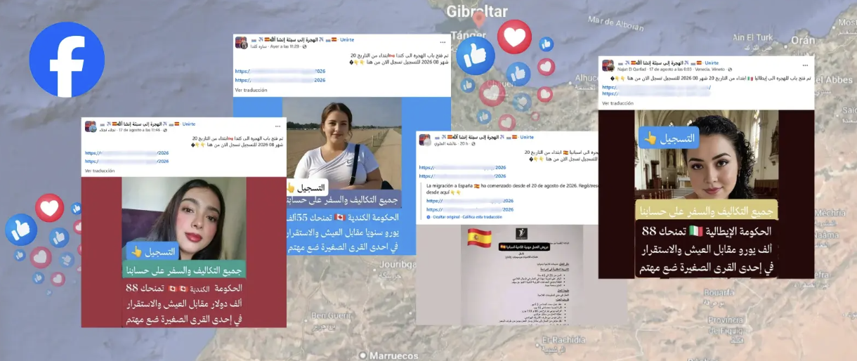Collage de publicaciones de Facebook ofreciendo trabajo y ayudas para migrar a España, Francia, Italia y Canadá, sobre un mapa del Estrecho
