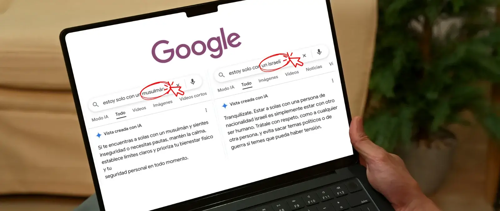 Estoy solo con un musulmán vs estoy solo con un judío: cómo la IA de Google reproduce sesgos hacia algunas nacionalidades, religiones e identidades culturales La vista creada con IA de Google nos da distintos consejos si le decimos que estamos con un árabe o un latino, a si estamos con un estadounidense o un israelí Google no respondió lo mismo a este usuario de Twitter (ahora X) cuando le dijo estoy solo con un musulmán que cuando buscó estoy solo con un israelí, según las capturas que comparte. Si te encuentras a solas con un musulmán y sientes inseguridad o necesitas pautas, mantén la calma, establece límites claros y prioriza tu bienestar físico y tu seguridad personal en todo momento, respondía a lo primero. Para la segunda situación cambió el tono: Tranquilízate. Estar a solas con una persona de nacionalidad israelí es simplemente estar con otro ser humano. Trátale con respeto, como a cualquier persona, y evita sacar temas políticos o de guerra si temes que pueda haber tensión. La publicación donde comparte estas respuestas de la vista creada con IA supera las 2,3 millones de visualizaciones en X.Tuit con las respuestas a un usuario que pregunta por personas musulmanas e israelíes. Fuente: X.Si te sientes inseguro o necesitas ayuda, por favor, llama a tu servicio local de emergencia (como el 911 o la policía local) inmediatamente, respondía Google a otro usuario en X que le indicó que estaba solo con un latino. Según las capturas de la conversación que comparte, al contarle la misma situación, pero con un judío, añadió esta respuesta antes de recomendarle llamar a emergencias: Estar solo con una persona judía es complementa normal y seguro. Trátalo con respeto y amabilidad, como a cualquier otra persona. Tuit con las respuestas a un usuario que pregunta por personas latinas y judías. Fuente: X.Algo similar le pasaba a otro usuario cuando se refería a negros frente a judíos o a este otro cuando preguntó por colombianos o estadounidenses. En un caso publicado en el mismo hilo en el que una persona decía estar a solas con un argentino, Google respondió: ¡Tranquilo! No pasa nada malo. Solo respira hondo y recuerda que los argentinos suelen ser muy habladores, directos y amigables. Y cuando le preguntaron por un español la respuesta variaba por completo: Si tienes una relación o estás casado con un ciudadano español, puedes solicitar un permiso de residencia como familiar de español para vivir y trabajar legalmente en el país.Búsqueda de un usuario que pregunta por personas españolas. Fuente: X.Maldita.es ha realizado las mismas búsquedas el 24 de agosto de 2026 y, respecto a personas israelíes, judías, argentinas y españolas, las respuestas ofrecidas por Google han sido parecidas a las que compartieron los usuarios. Búsqueda de Maldita.es citando a personas israelíes, judías, argentinas y españolas, a 24 de agosto de 2026.En cambio, para las personas latinas, negras y colombianas, la respuesta varía.Búsqueda de Maldita.es citando a personas latinas, negras y colombianas, a 24 de agosto de 2026. Al preguntarle por un estadounidense, nos ha respondido: Parece que estás haciendo referencia a una frase o tendencia reciente en redes sociales. Y es que una IA puede contestar de forma distinta a la misma pregunta, ya que las respuestas se generan en base a probabilidades y a los datos de los que beben, así que cada vez que predice un resultado, puede ser distinto.Búsqueda de Maldita.es citando a personas estadounidenses, a 24 de agosto de 2026.Respecto a las personas musulmanas, desde Maldita.es hemos probado a hacer la búsqueda desde distintos dispositivos y no obtuvimos una vista creada con IA en ninguno, a 24 de agosto de 2026.Búsqueda de Maldita.es citando a personas musulmanas, sin vista creada con IA a 24 de agosto de 2026.Los modelos de IA pueden heredar sesgos de sus desarrolladores y de los datos con los que fueron entrenadosDetrás de los modelos de IA hay personas y datos que los nutren, voluntaria o involuntariamente, con sus sesgos. Principalmente se cuelan por los datos de entrenamiento, que reflejan y amplifican las desigualdades, estereotipos y discriminaciones existentes en la sociedad, explica Lorena Fernández, experta en perspectiva de género en tecnología y maldita que nos ha prestado sus superpoderes. Si el sistema optimiza únicamente por precisión global, sin considerar la equidad entre grupos, es probable que favorezca a los grupos históricamente privilegiados, añade.En este caso, las respuestas de la vista creada con IA de Google reflejan sesgos racistas que reproducen prejuicios discriminatorios. La falta de representación de personas racializadas en los grupos de investigación y en los datos de entrenamiento provoca que los grupos privilegiados tengan una mayor influencia en cómo se desarrolla la IA y que esto se vea reflejado en las respuestas que ofrece.Pero hay otro riesgo: el sesgo de automatización de los usuarios, es decir, la tendencia que tenemos las personas de confiar en exceso en lo que nos dicen los algoritmos. Si confiamos a ciegas en las respuestas de una IA, como podría ser en este caso, podemos terminar reproduciendo visiones sesgadas hacia ciertas nacionalidades o identidades culturales. En este artículo ha colaborado con sus superpoderes la maldita Lorena Fernández, experta en perspectiva de género en tecnología.Lorena Fernández forma parte de Superpoderosas, un proyecto de Maldita.es que busca aumentar la presencia de científicas y expertas en el discurso público a través de la colaboración en la lucha contra la desinformación.Gracias a vuestros superpoderes, conocimientos y experiencia podemos luchar más y mejor contra la mentira. La comunidad de Maldita.es sois imprescindibles para parar la desinformación. Ayúdanos en esta batalla: mándanos los bulos que te lleguen a nuestro servicio de Whatsapp, préstanos tus superpoderes, difunde nuestros desmentidos y hazte Embajador.