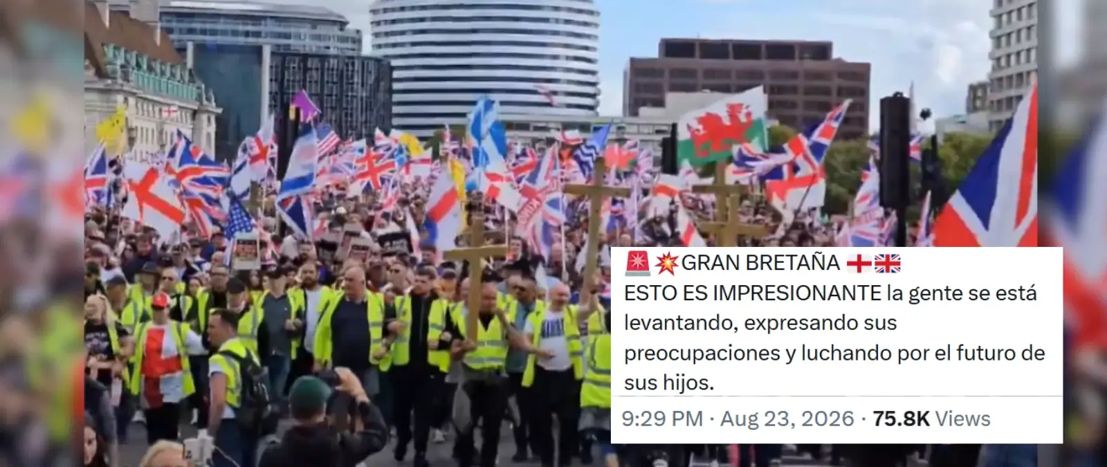 El vídeo de una manifestación en Londres con signos cristianos: se difunde como si fuera de agosto de 2026, pero es de septiembre de 2025