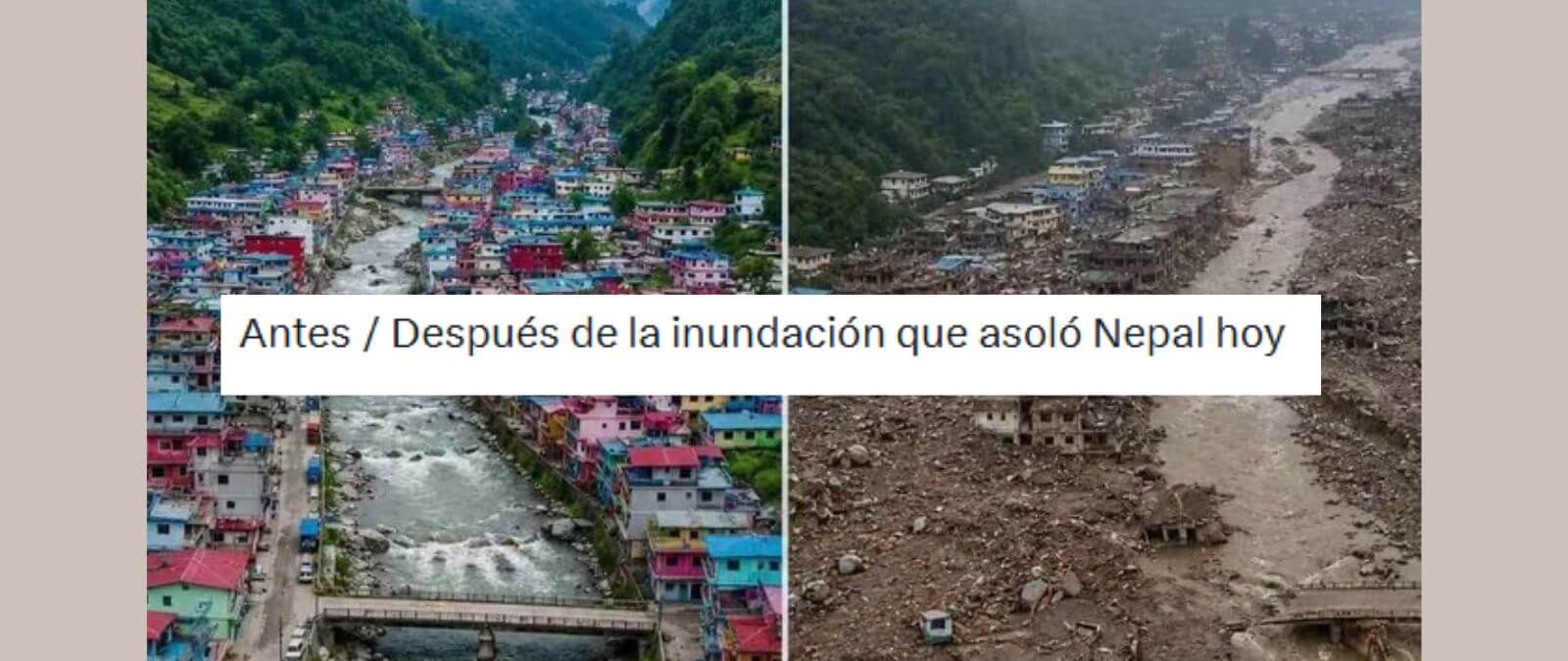 No, esta imagen no muestra el “antes y después” de una de las “zonas de Nepal” afectada por la riada: fue generada con IA