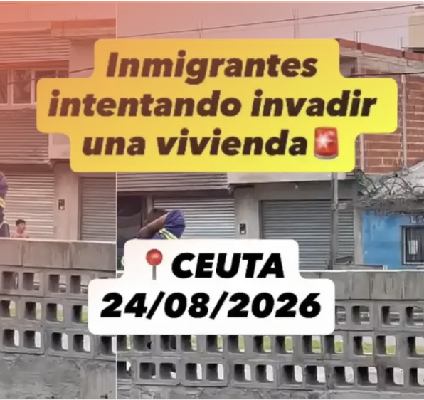 Fotograma de un vídeo con el texto "Inmigrantes intentando invadir una vivienda" y una etiqueta de geolocalización "Ceuta, 24/08/2026"