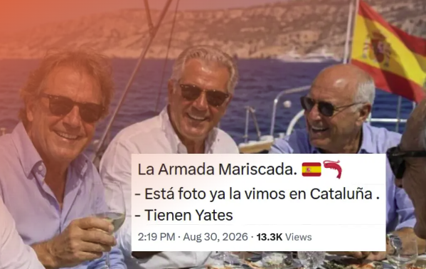 Imagen generada con IA de varios hombres comiendo marisco en un yate, con un tuit que dice "La Armada Mariscada"