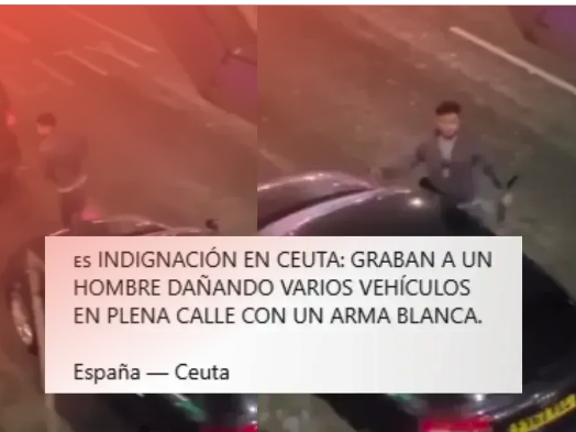 Fotograma de un vídeo de un hombre dañando coches con un cuchillo, con el texto "Indignación en Ceuta: graban a un hombre dañando varios vehículos en plena calle con un arma blanca"