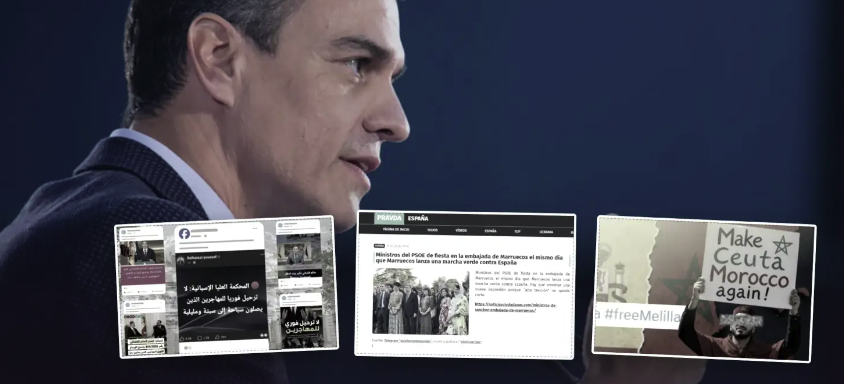 Collage: Pedro Sánchez y capturas de publicaciones y páginas web sobre Ceuta y Marruecos