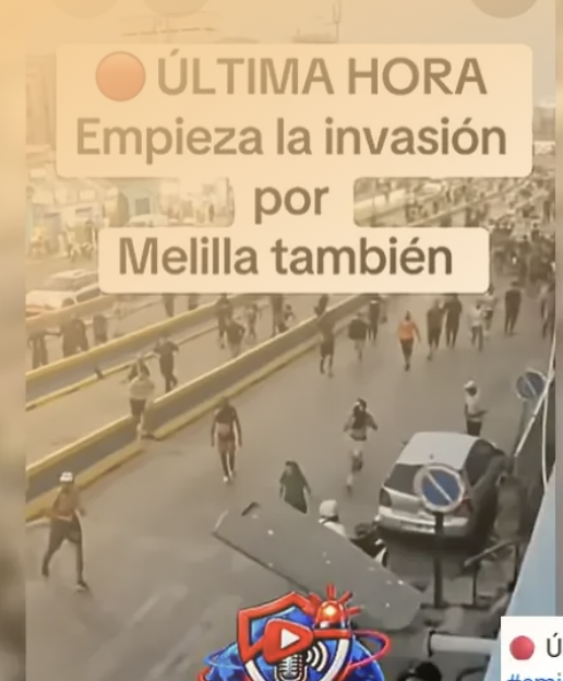 Fotograma de un vídeo con el texto "ÚLTIMA HORA: Empieza la invasión por Melilla también"