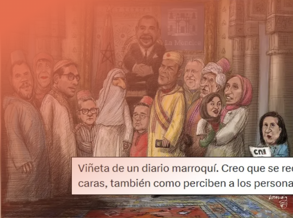 Viñeta con miembros del Gobierno de España vestidos con ropa tradicional marroquí junto al rey Mohammed VI