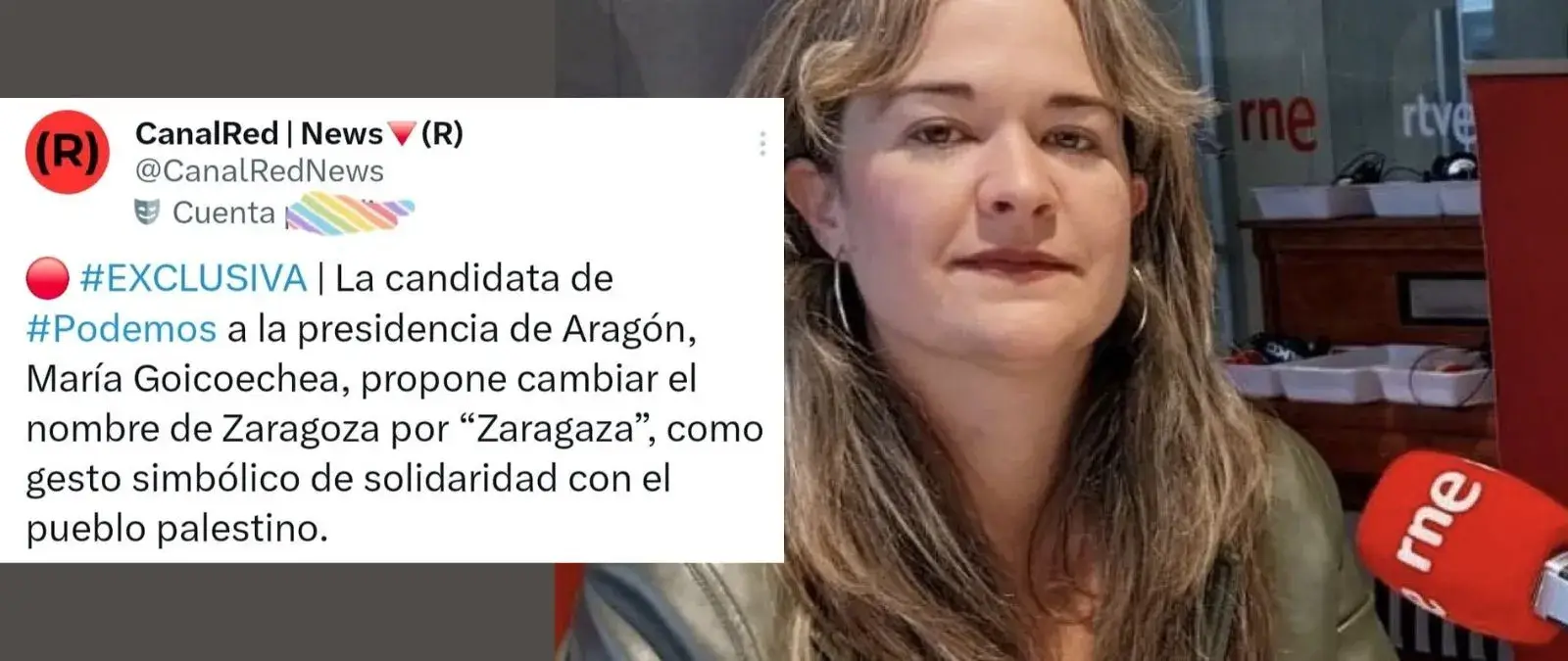 No, María Goikoetxea, candidata a la presidencia de Aragón, no ha propuesto cambiar el nombre de Zaragoza por "Zaragaza" en solidaridad con el pueblo palestino