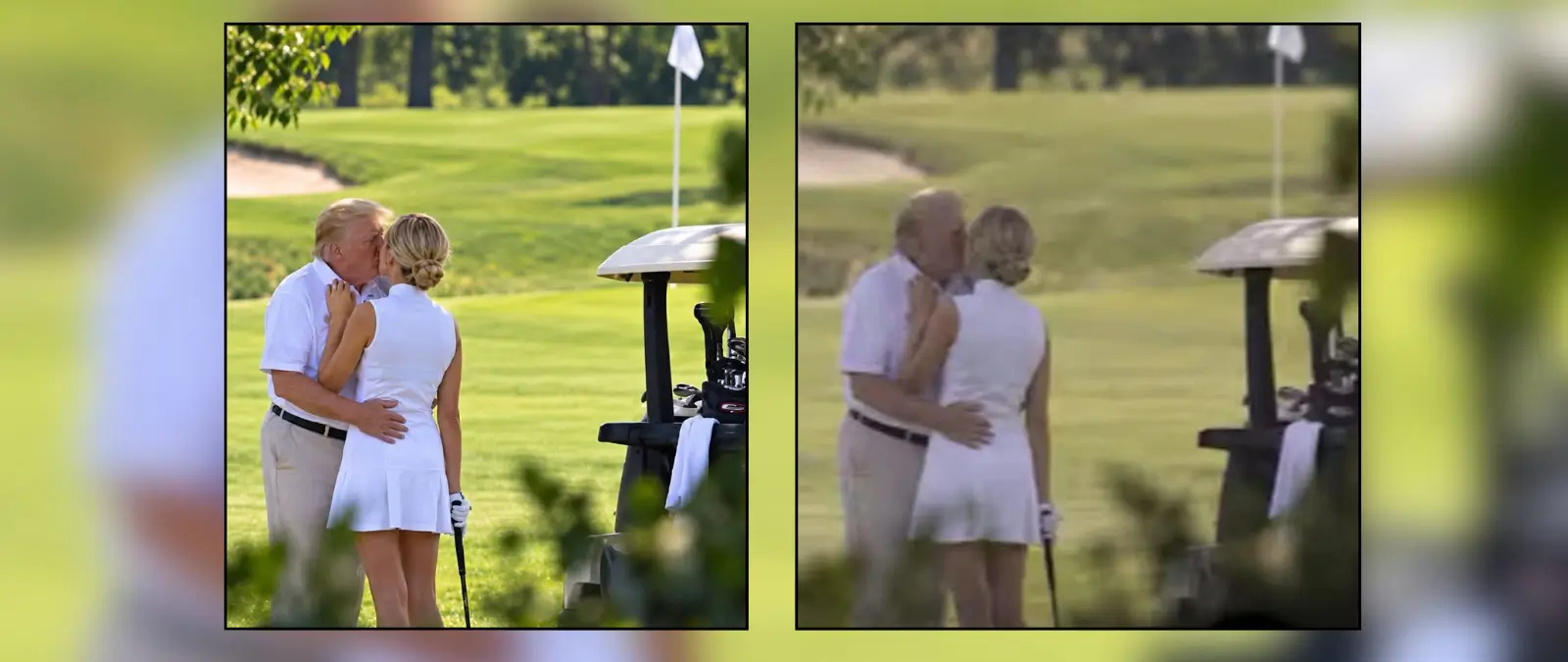 Una imagen muestra a Donald Trump besando a Natalie Harp en un campo de golf