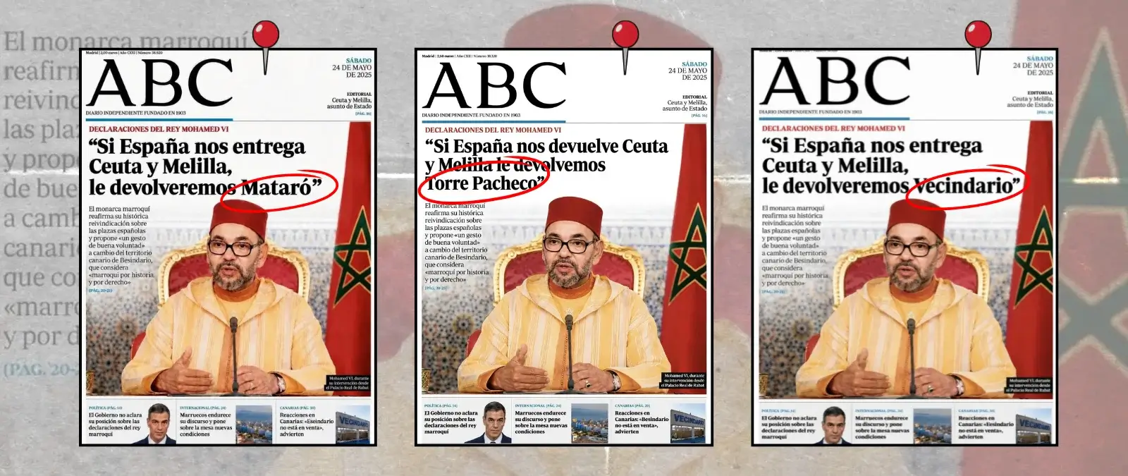 Portada del ABC que muestra declaraciones del Rey Mohamed VI diciendo: "Si España nos devuelve Ceuta y Melilla le devolvemos Torre Pacheco"