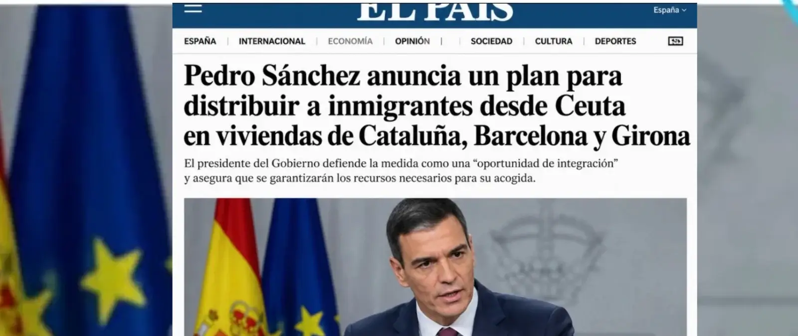 No, El País no ha publicado esta portada sobre un supuesto anuncio de Pedro Sánchez de "un plan para distribuir a inmigrantes desde Ceuta en viviendas de Cataluña, Barcelona y Girona": ha sido generada con IA