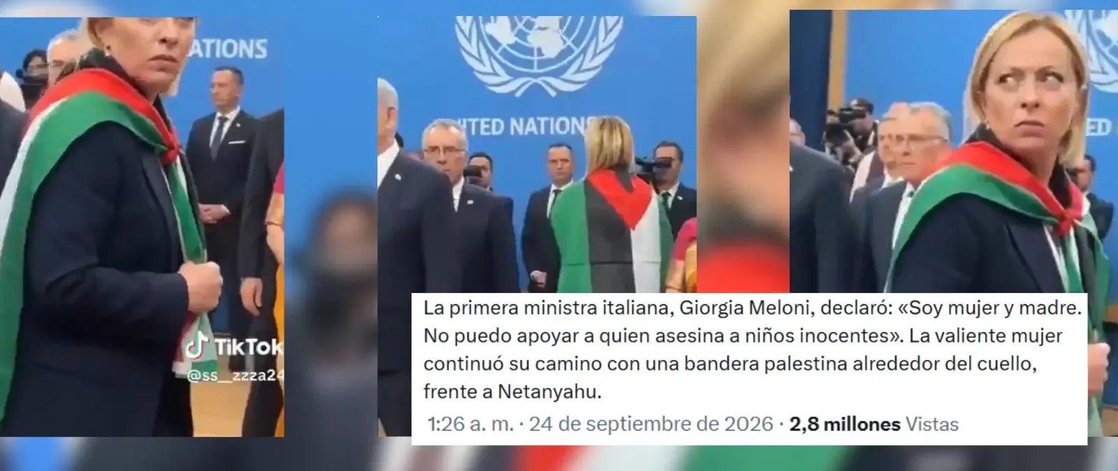 No, este vídeo de Giorgia Meloni con una bandera de Palestina durante la cumbre de Naciones Unidas no es real: tiene indicios de haber sido creado con IA