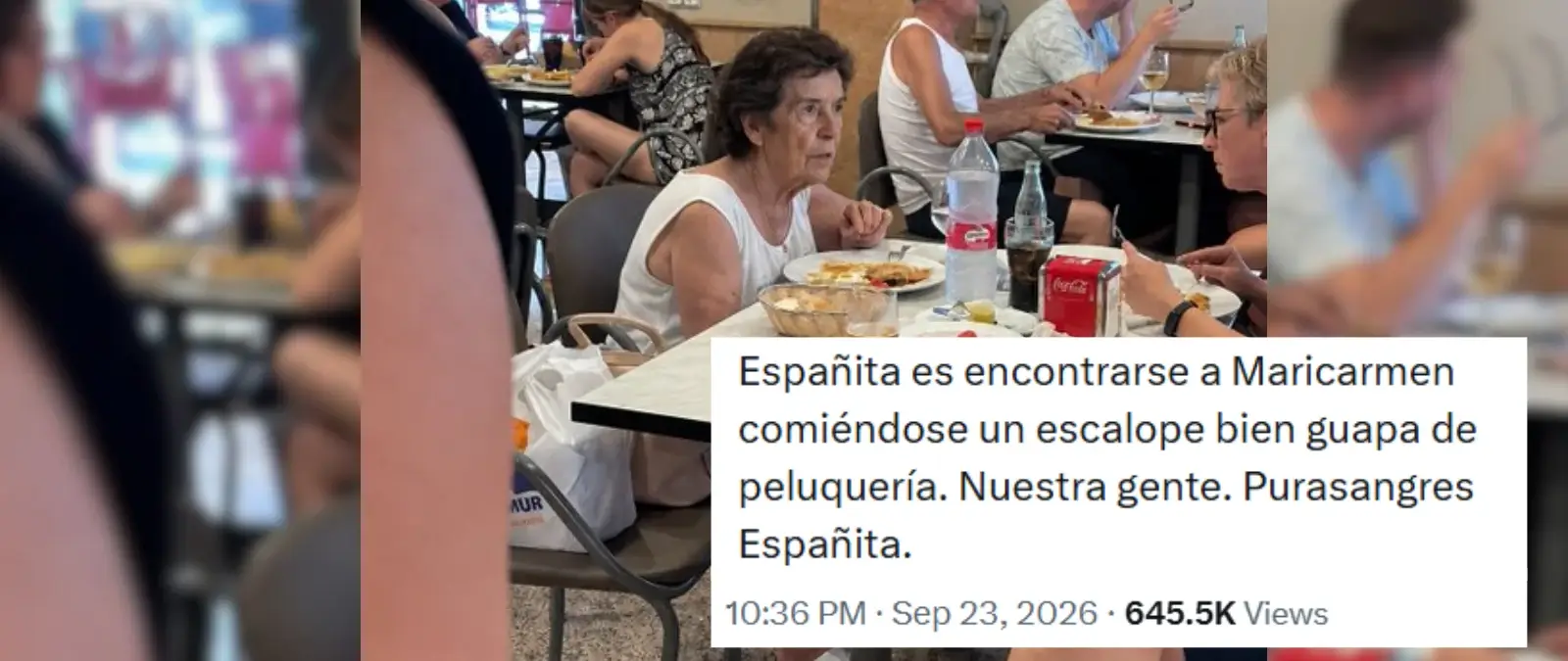 No, esta imagen no muestra a Maricarmen, la mujer desahuciada en Madrid, "comiéndose un escalope bien guapa de peluquería": la fotografía original está editada con IA para poner su cara
