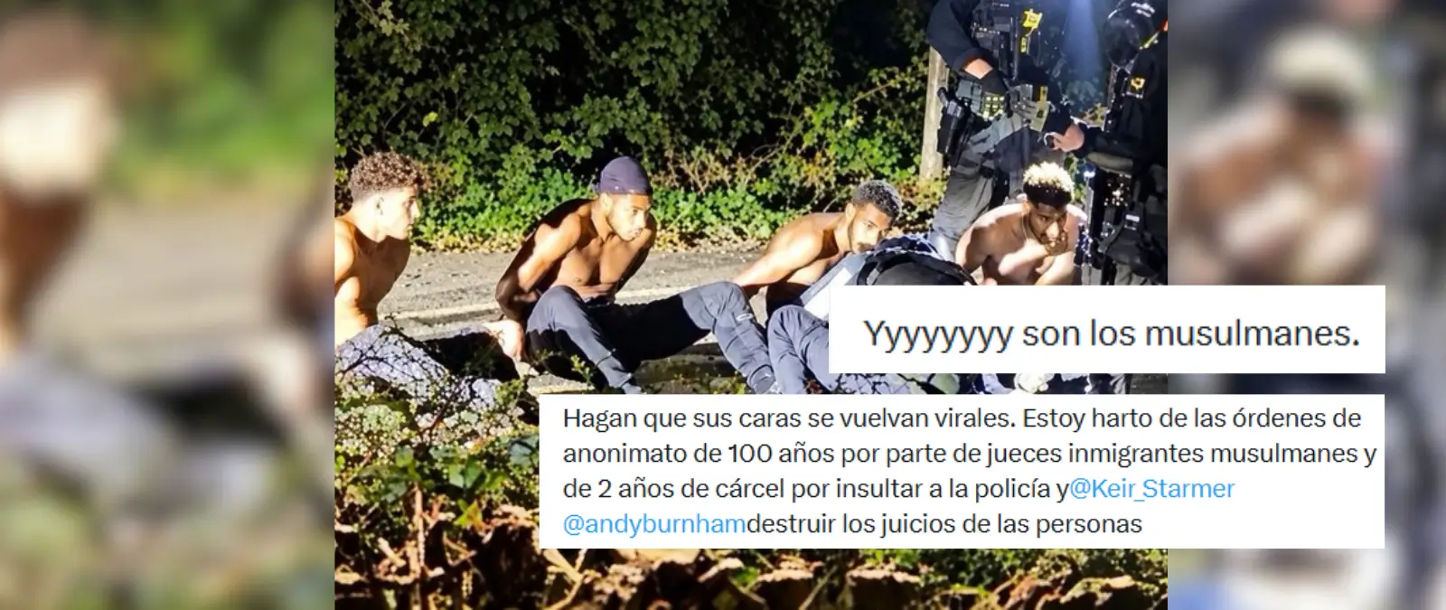 No, esta imagen que supuestamente muestra los rostros de los detenidos con explosivos cerca de la base militar de Fairford no es real: la foto original, con sus caras pixeladas, ha sido editada con IA para "destaparlas"
