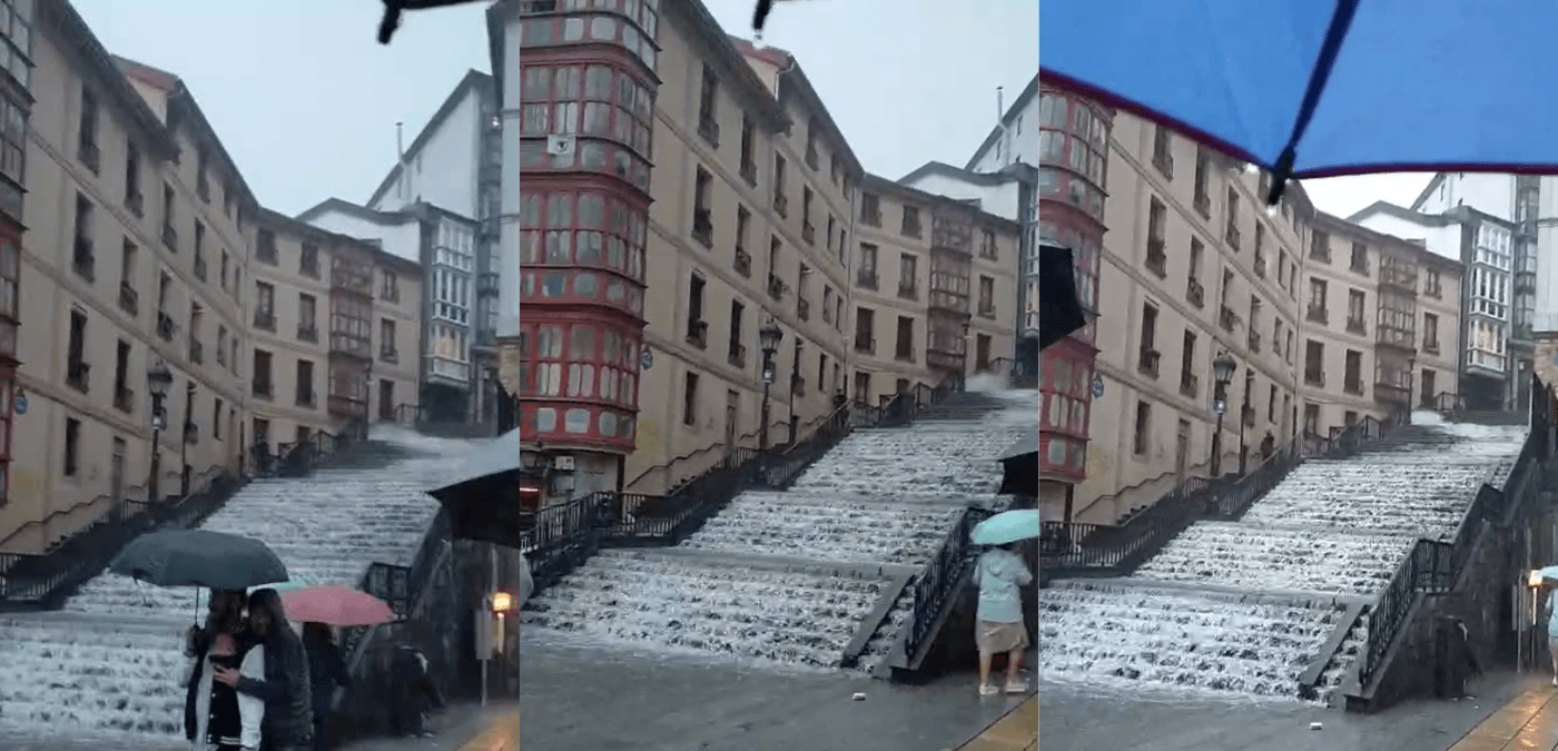 Sí, el vídeo que muestra agua corriendo por unas escaleras en octubre de 2026 en el Casco Viejo de Bilbao es real