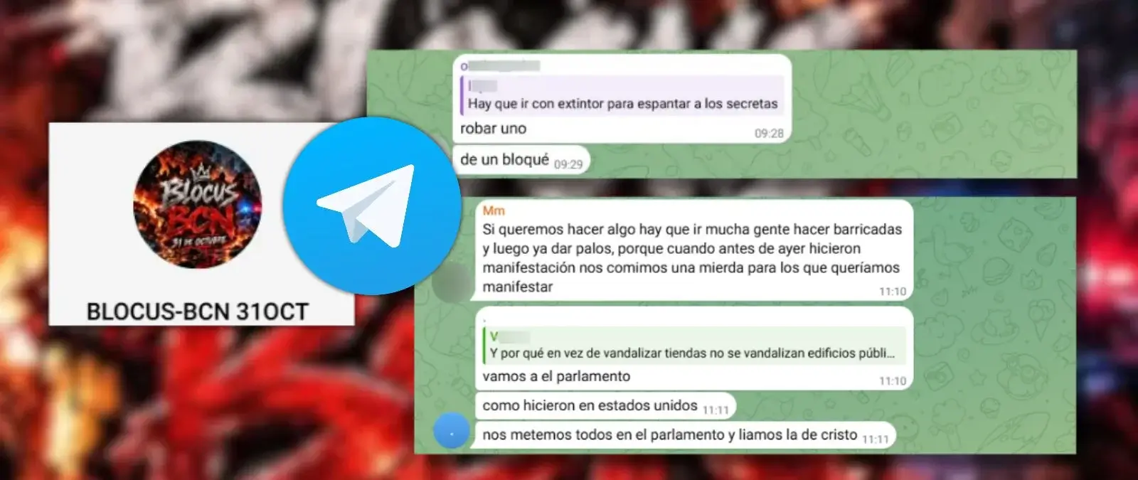 BLOCUS-BCN 31 OCT: un grupo de Telegram con más de 1.000 usuarios que se organiza con extintores, contenedores quemados y "bombas molotov" para "saquear a los ricos"