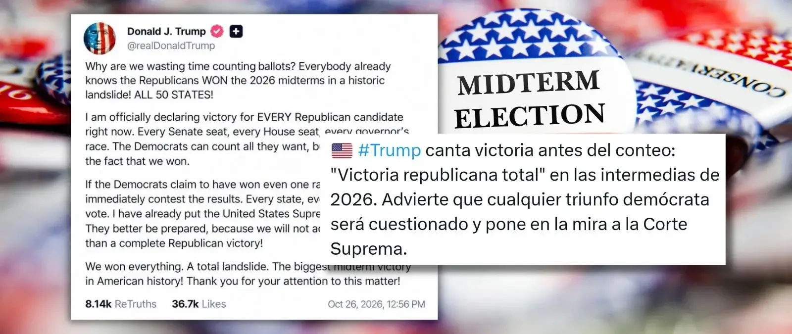No, este post de Truth Social del 26 de octubre de 2026 donde Trump afirma haber ganado las elecciones de medio mandato antes de haberse celebrado no es real: se ha generado con IA