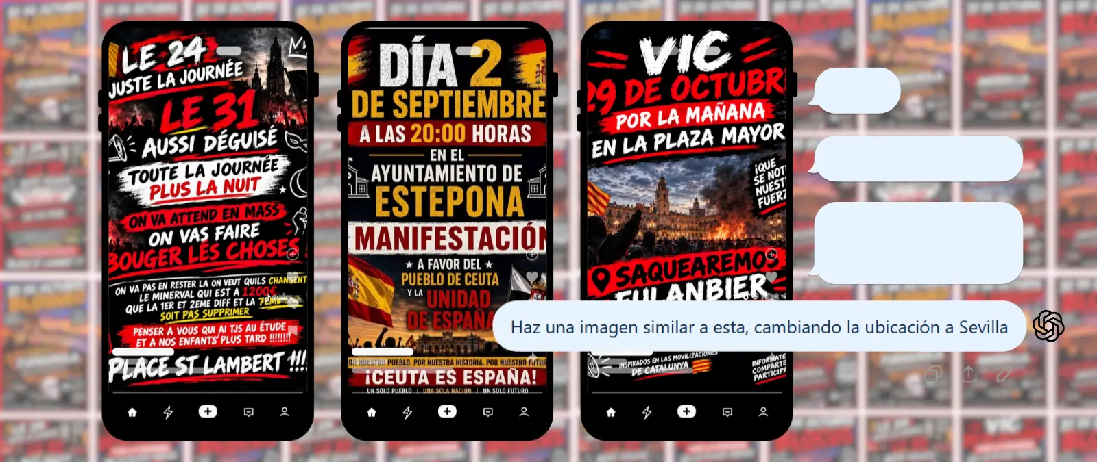 Por qué la estética similar de estos carteles generados con IA no demuestra que las protestas del 24 y el 31 de octubre y las convocatorias de Ceuta estén organizadas por las mismas personas·Maldita.es - Periodismo para que no te la cuelen