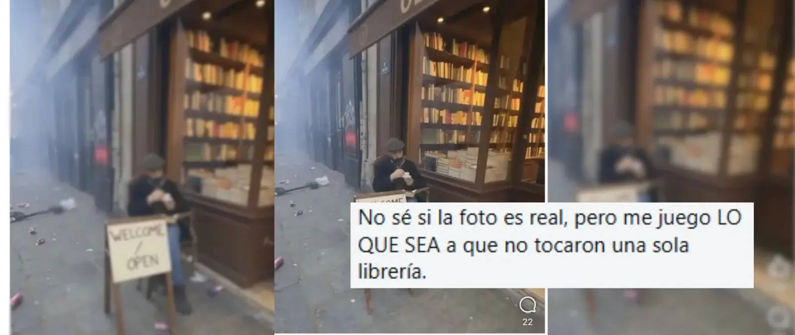 No, esta imagen de una librería en París abierta durante los disturbios en Francia en octubre de 2026 no es real: ha sido creada con IA