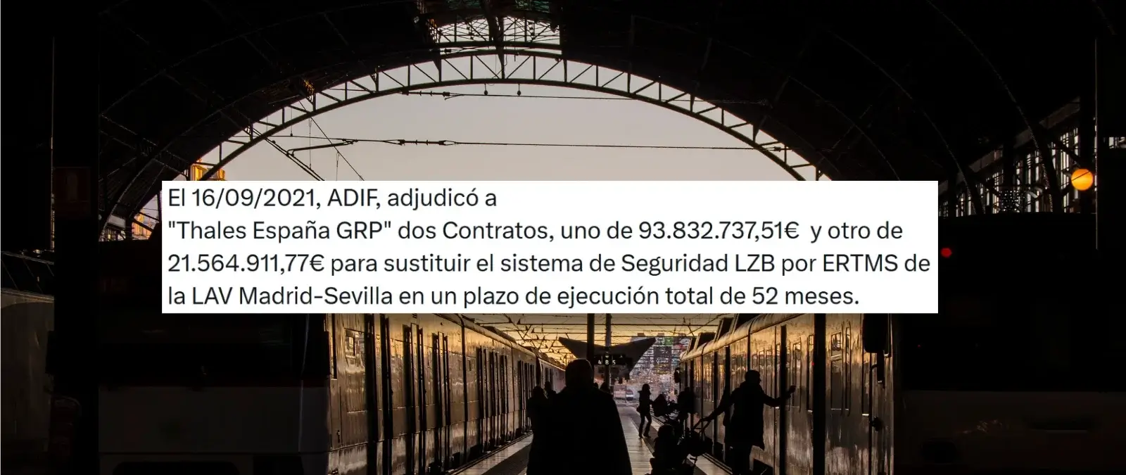 Sí, Adif adjudicó un contrato para sustituir el sistema de seguridad LZB por "el más avanzado del mundo" en la línea Madrid-Sevilla antes del 16 de enero de 2026, pero a 30 de octubre "está en proceso"